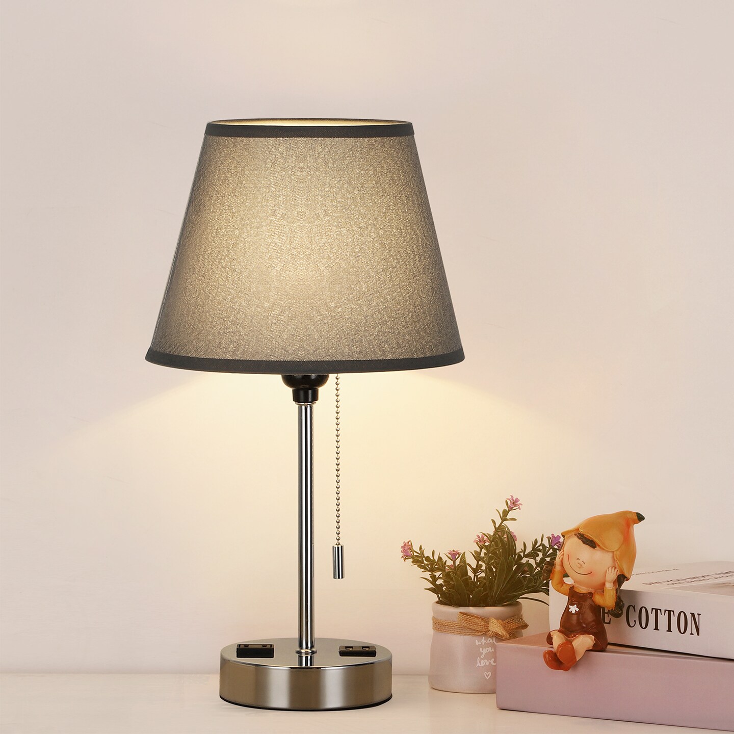 Set of 2 Grey Shade Silver Base Bedside Lamps – Modern Nightstand Table Lamps for Bedroom, Office, or Dorm