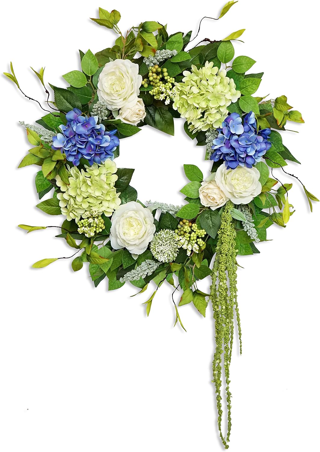 23 Inch Spring Wreaths for Front Door, Blue and Green Hydrangea Flower Door Wreaths Outside, Floral and Seasonal Wreath, Artificial Decor Decorations for Outdoor, Indoors, Valentine