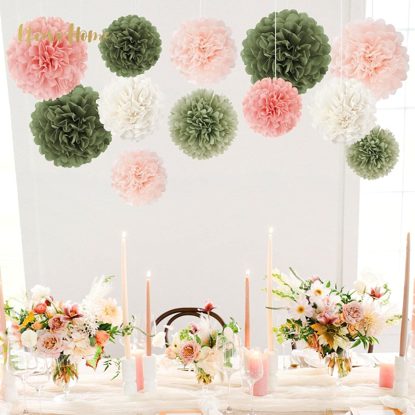 Bridal Shower Decorations, 12 PCS Pink Moss Sage Green Tissue Paper Pom Poms Paper Flowers for Boho Neutral Baby Shower Wedding Engagement Birthday Spring Summer Party Decorations