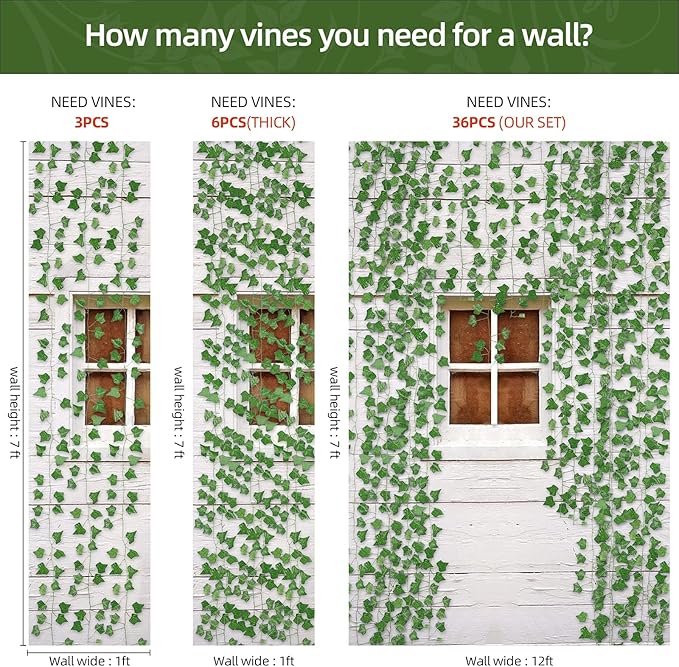 36 Strands 248FT Fake Ivy Garlands Leaves Artificial Vines Faux Green Hanging Plants for Bedroom Wall House Decor Outdoor Wedding Photography Backdrops, Non-discoloring