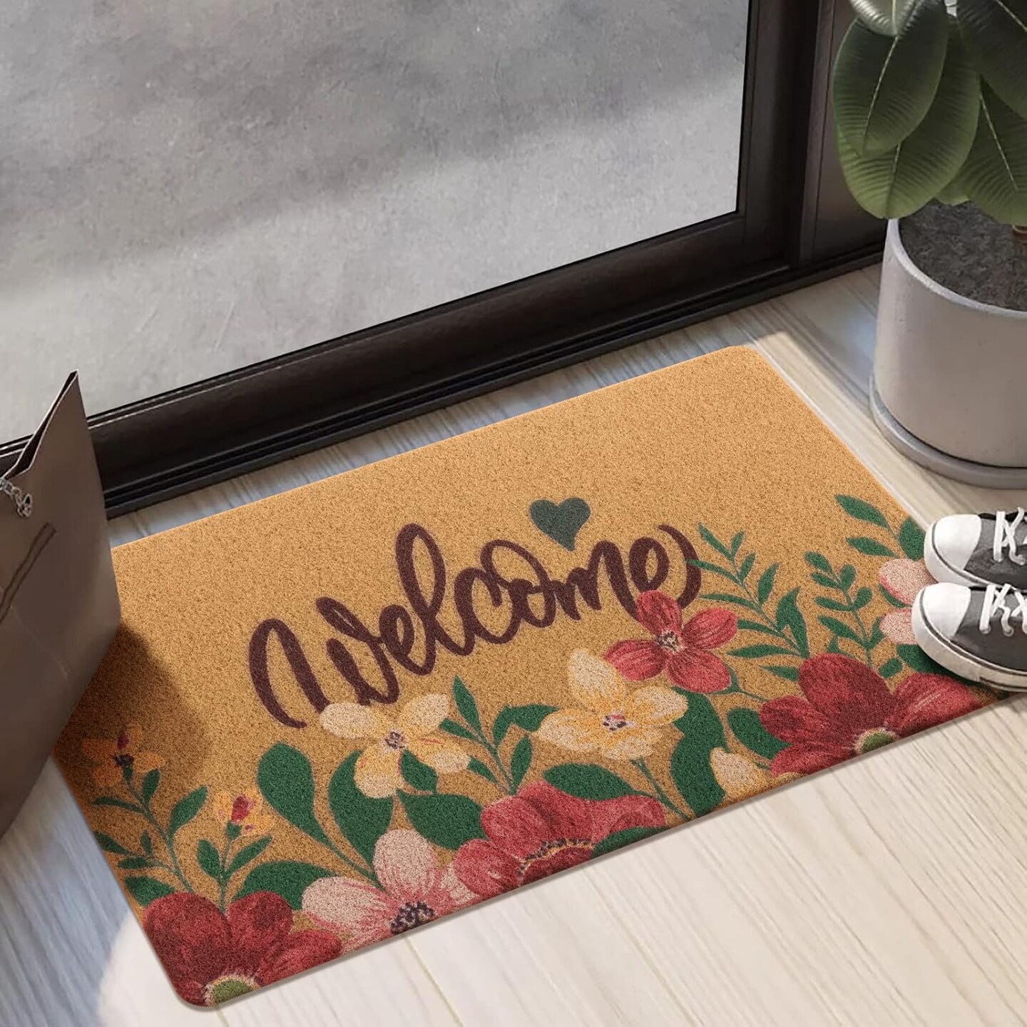 Artificial Coir Doormat with Non-Slip Backing for Indoor and Outdoor 17 x 30 inch Front Door Welcome Mat Spring Summer Seasonal Doormat,Welcome Flowers