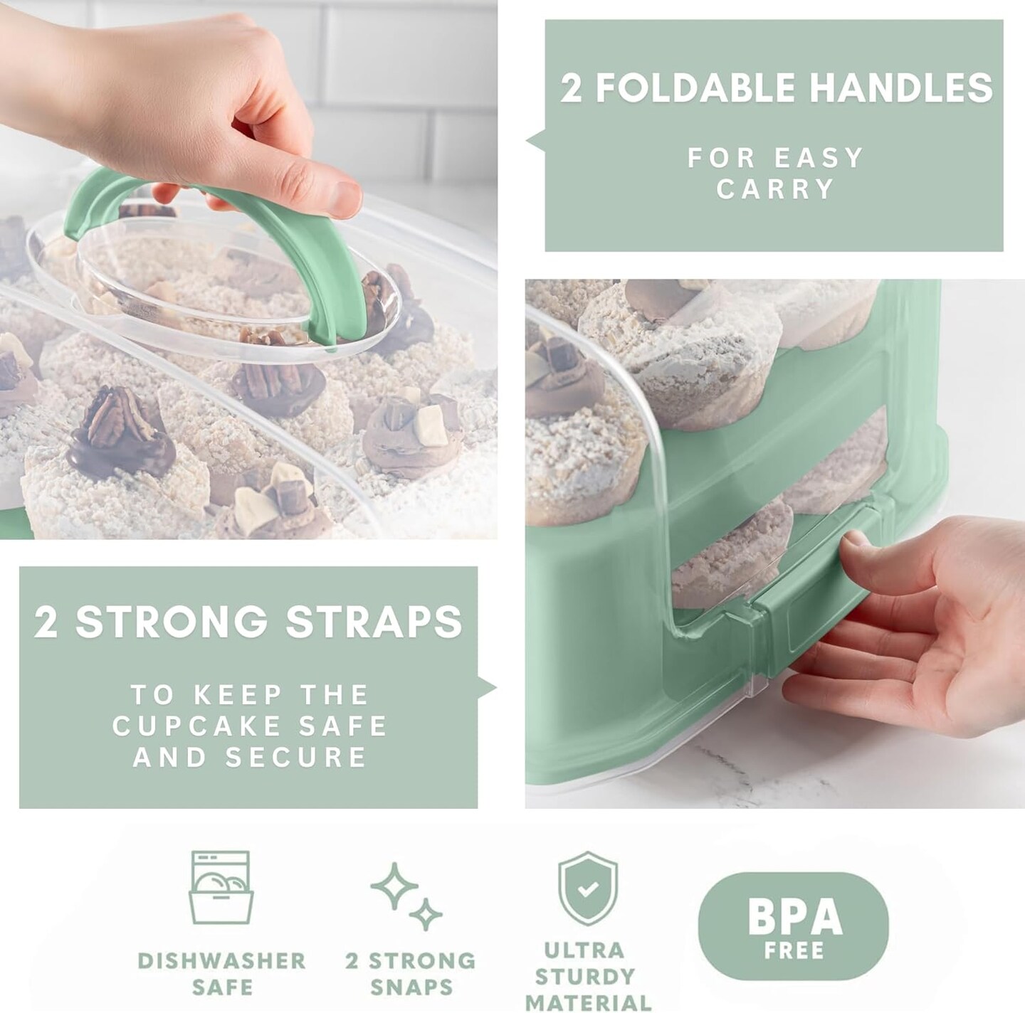 Cupcake Carrier 24 Count - Sturdy Cupcake Holder with Lid & 2 Handles, Stylish Two-Tier Cupcake Carrier/Stand, Spacious 3.5” Top & Bottom Tray