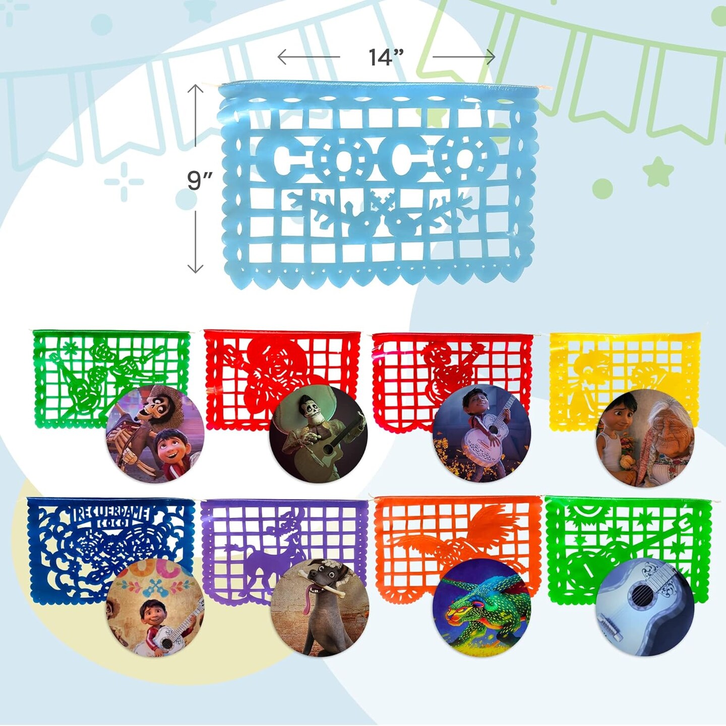 Coco Mexican Party Banners (30-ft; Plastic) | Mexican Papel Picado with Disney Coco Characters and Scenes | Fiesta Party Decorations for Cinco de Mayo, Birthdays, Holidays (2x15ft)