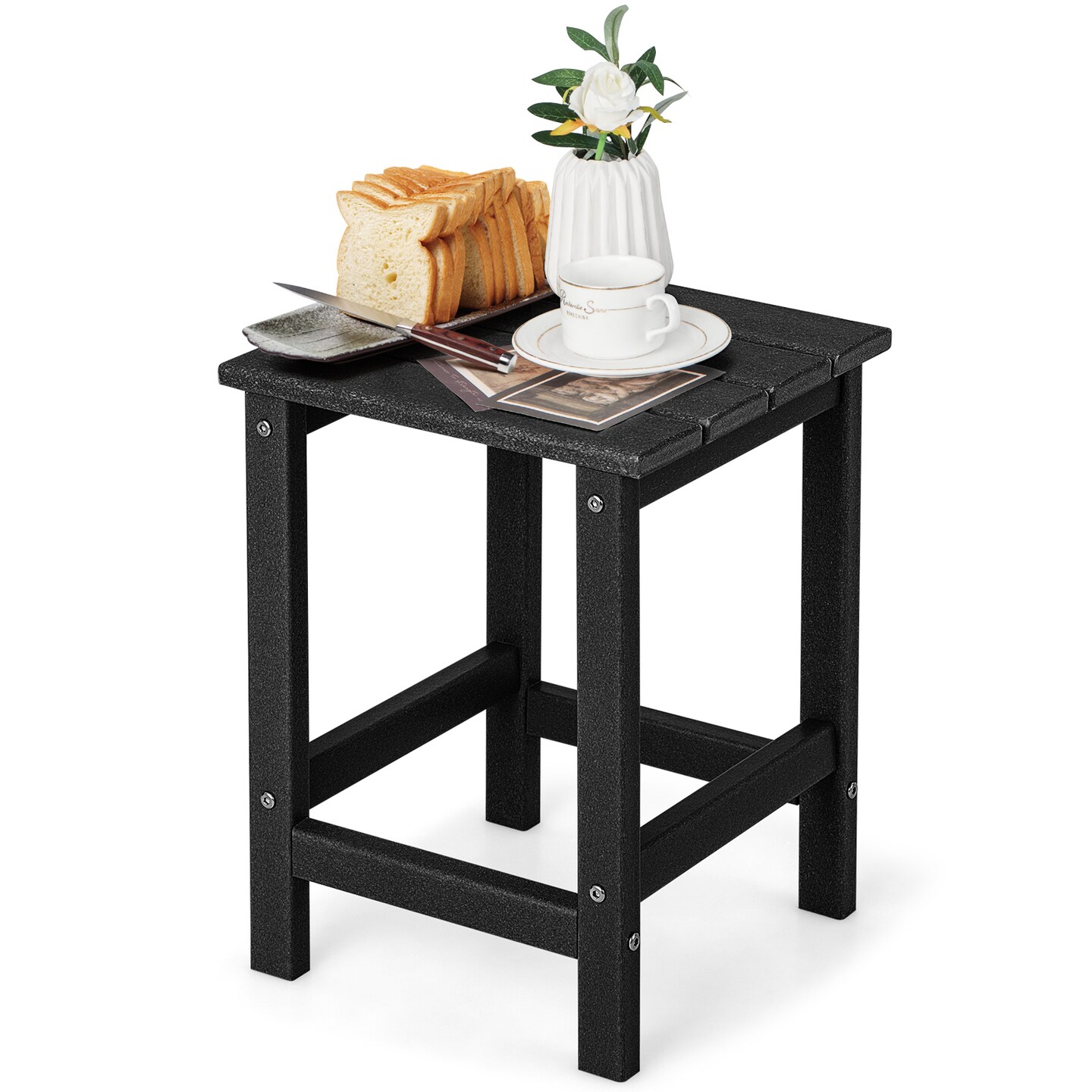 Set of 2 Small Square Patio Side Table in Black All-Weather HDPE Table for Garden or Backyard Use
