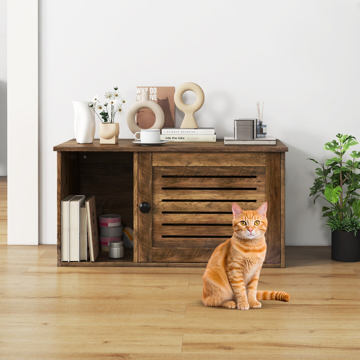 Oak Wooden Cat Litter Box Enclosure with Open Compartment and Louvered Shutter Door