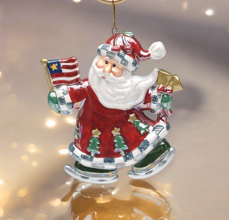 Ceramic Santa Claus Holding American Flag Ornament, Christmas Decor, Patriotic Christmas Tree, Gift for Her, Gift for Mom
