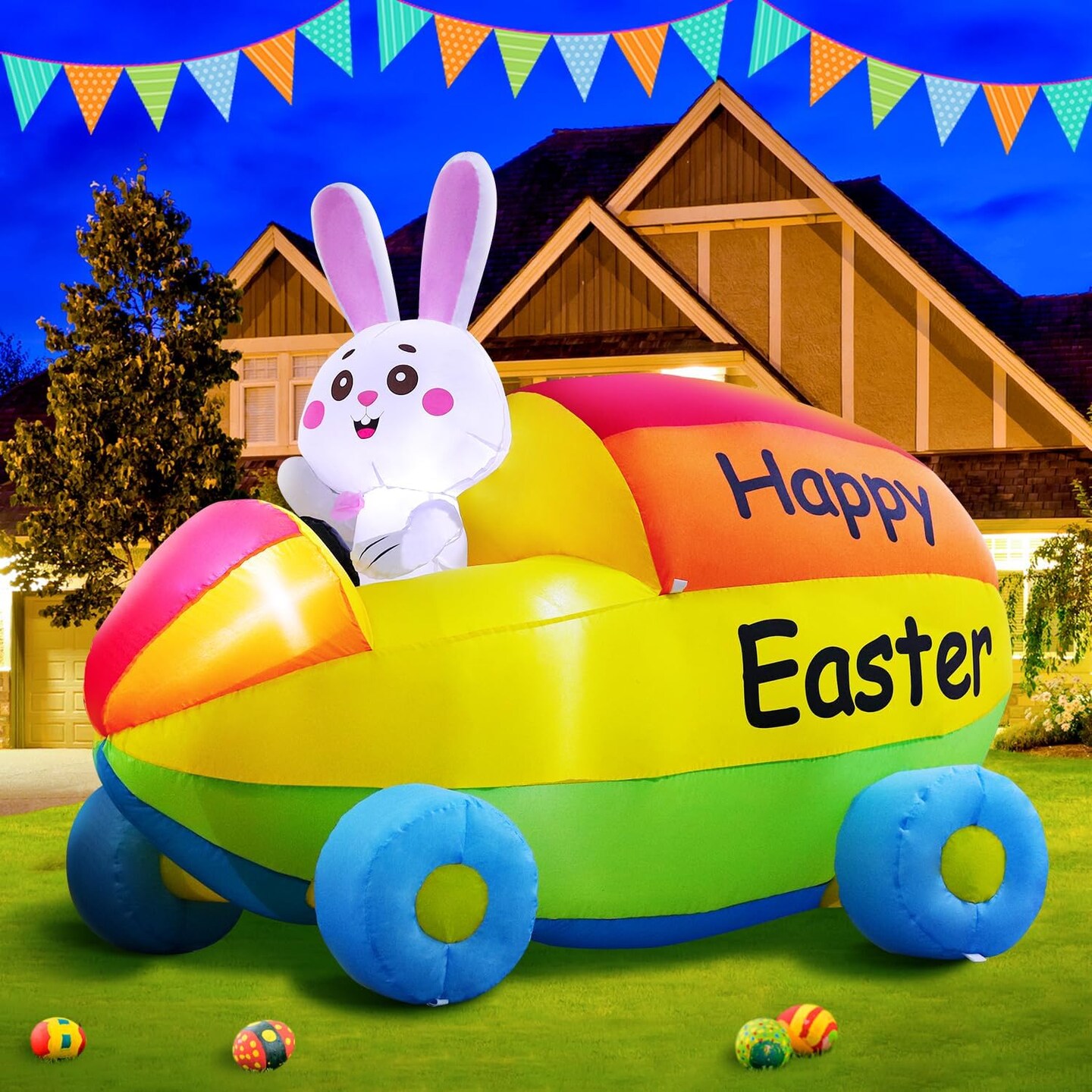 2025 New Huge Easter Inflatable Bunny Driving Car Outdoor Decorations, Build-in LED Lights Holiday Blow Up Yard Decoration, for Easter Holiday Party, Outdoor,Garden, Yard Lawn D&#xE9;cor