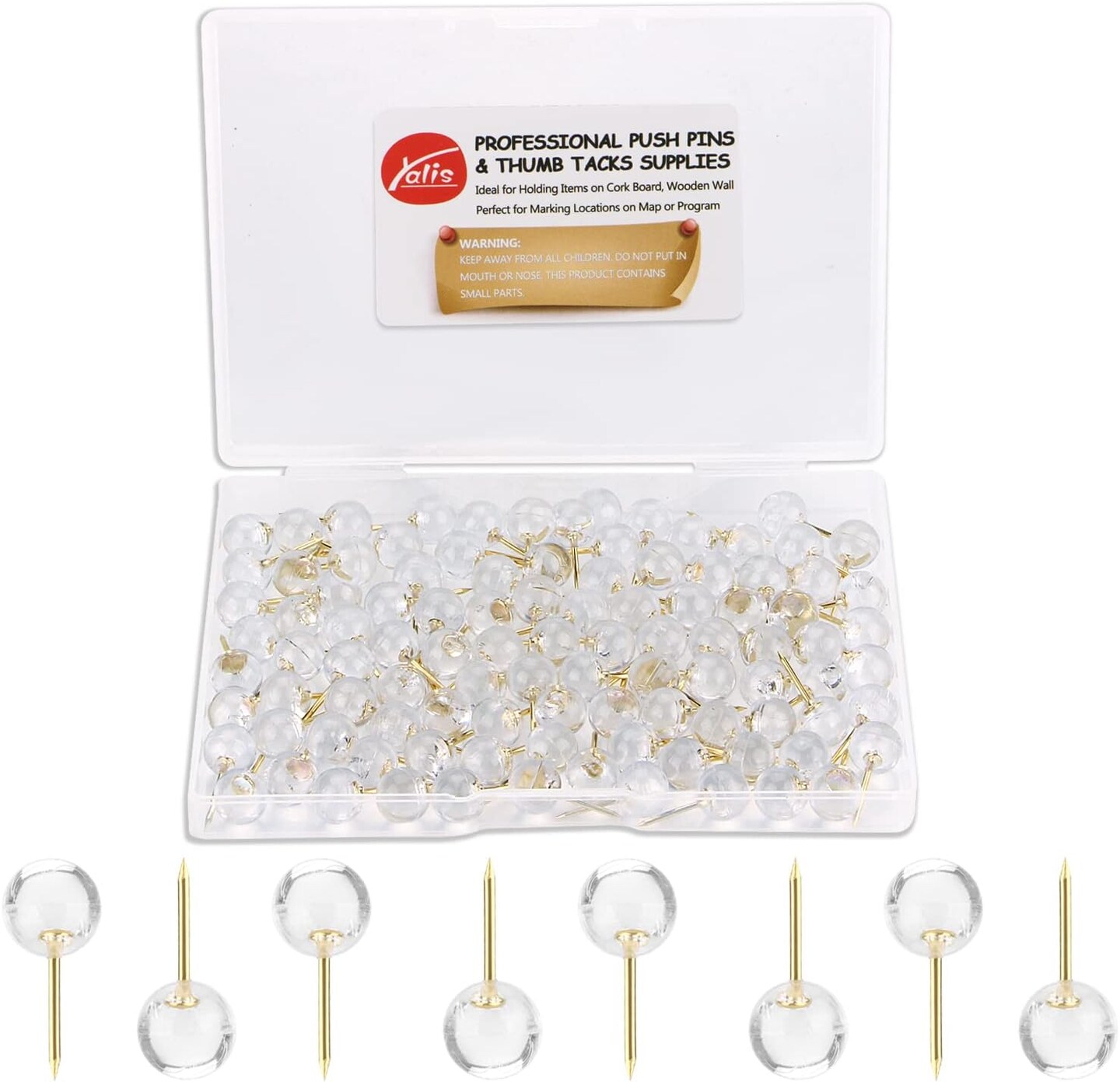 100 pcs 1/3 inch gold push pins map tacks steel point with transparent round heads