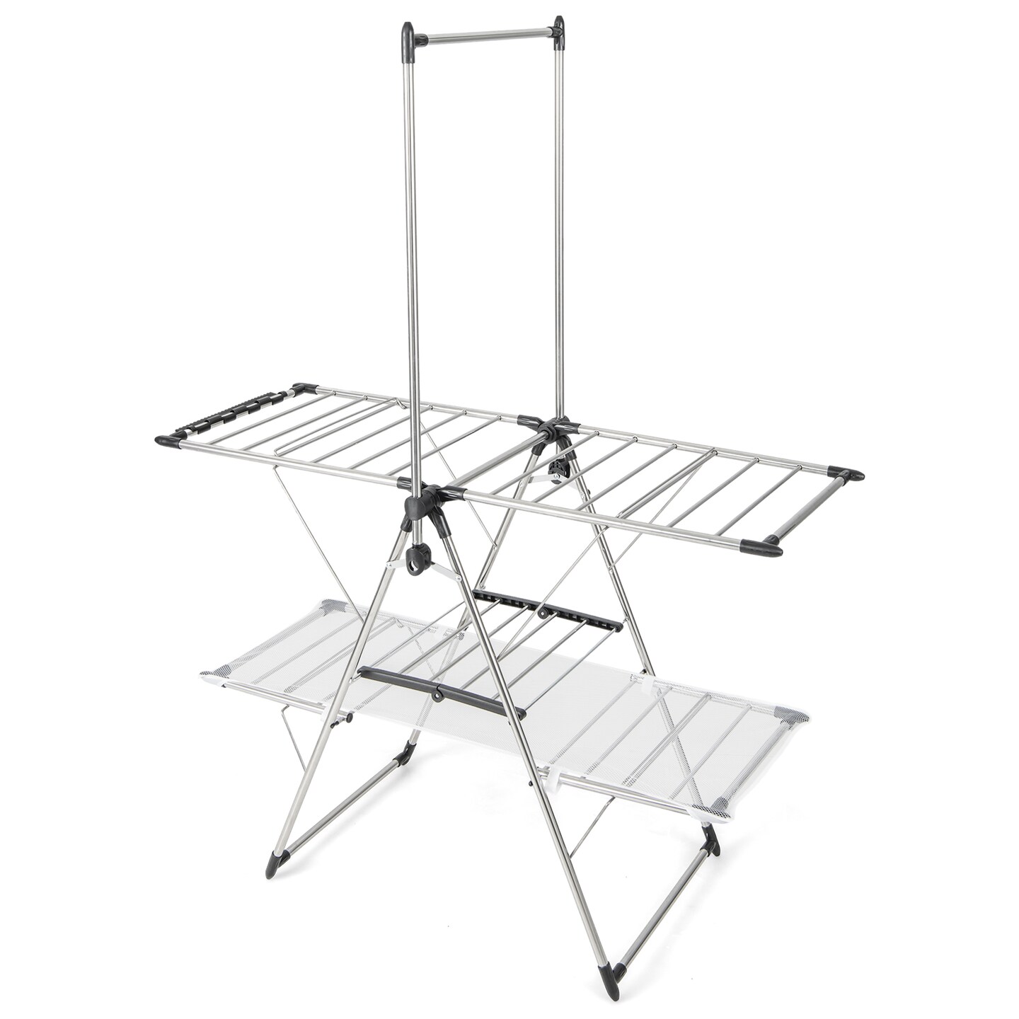 Silver 2-Tier Foldable Clothes Drying Rack with Tall Hanging Bar and Height Adjustable Gullwings