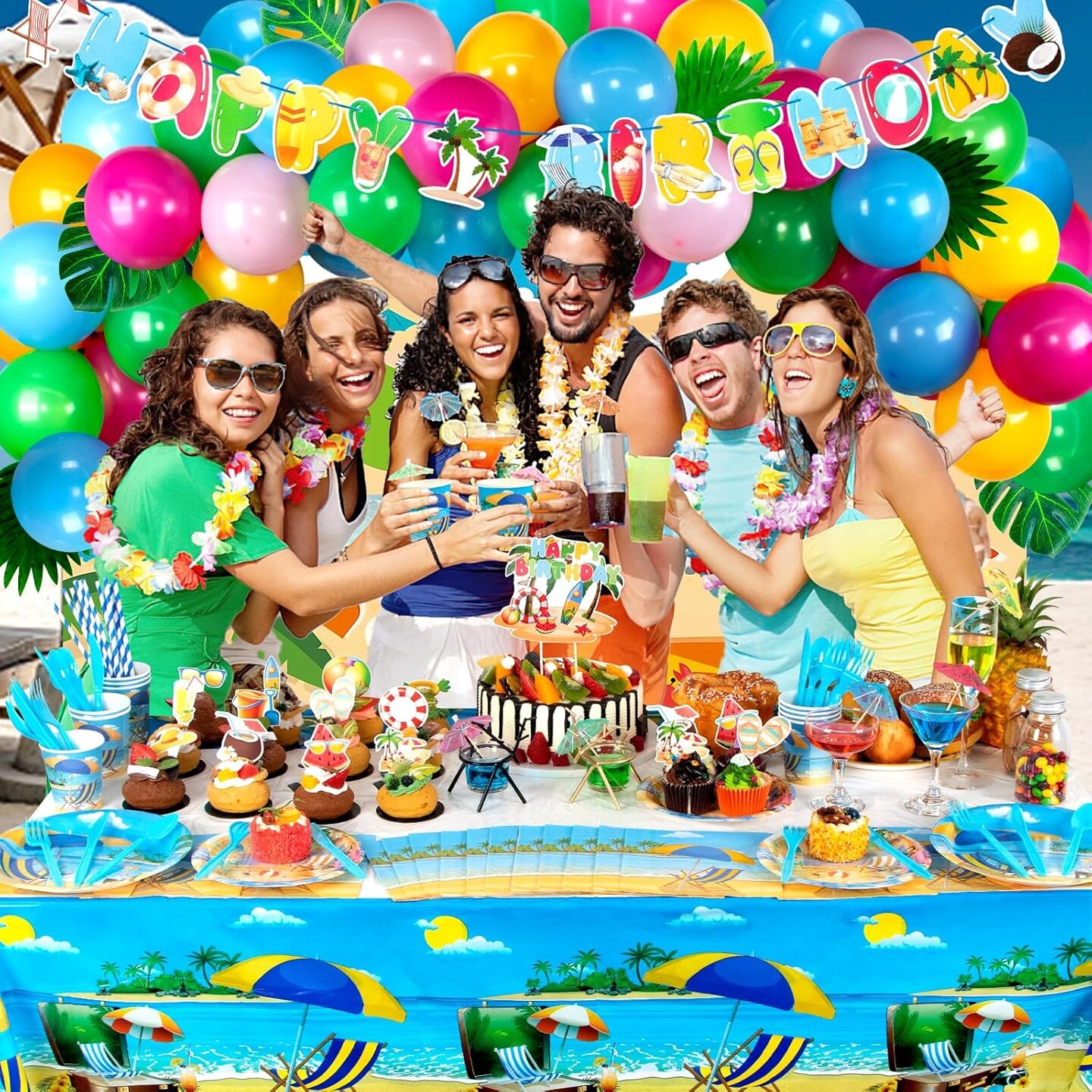 Summer Party Decorations, Pool Party Decorations Include Balloons, Summer Backdrop, Birthday Banner, Palm Leaves, Tablecloth, Plates, Cups, Cake Toppers for Beach Theme Party Supplies