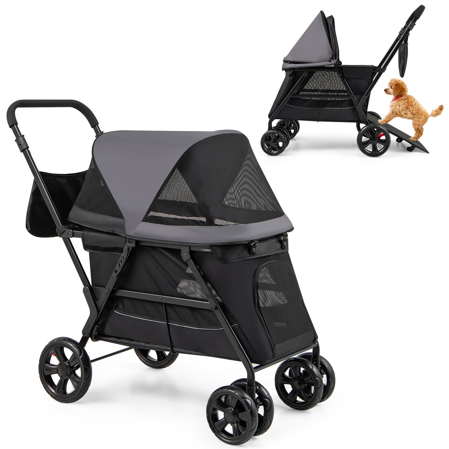 Black 600D Oxford Fabric Dog Stroller with Adjustable Ramp and All-Terrain Wheels