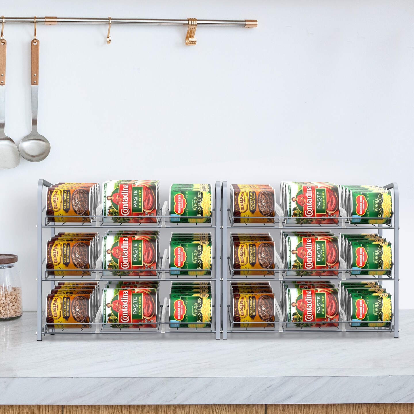 2-Pack Stackable Can Organizer Rack Dispenser &#x2013; Adjustable Metal Pantry Shelf for 36 Cans, Tilted Design with Non-Slip Base (16.73x12.2x14.76&#x22;)