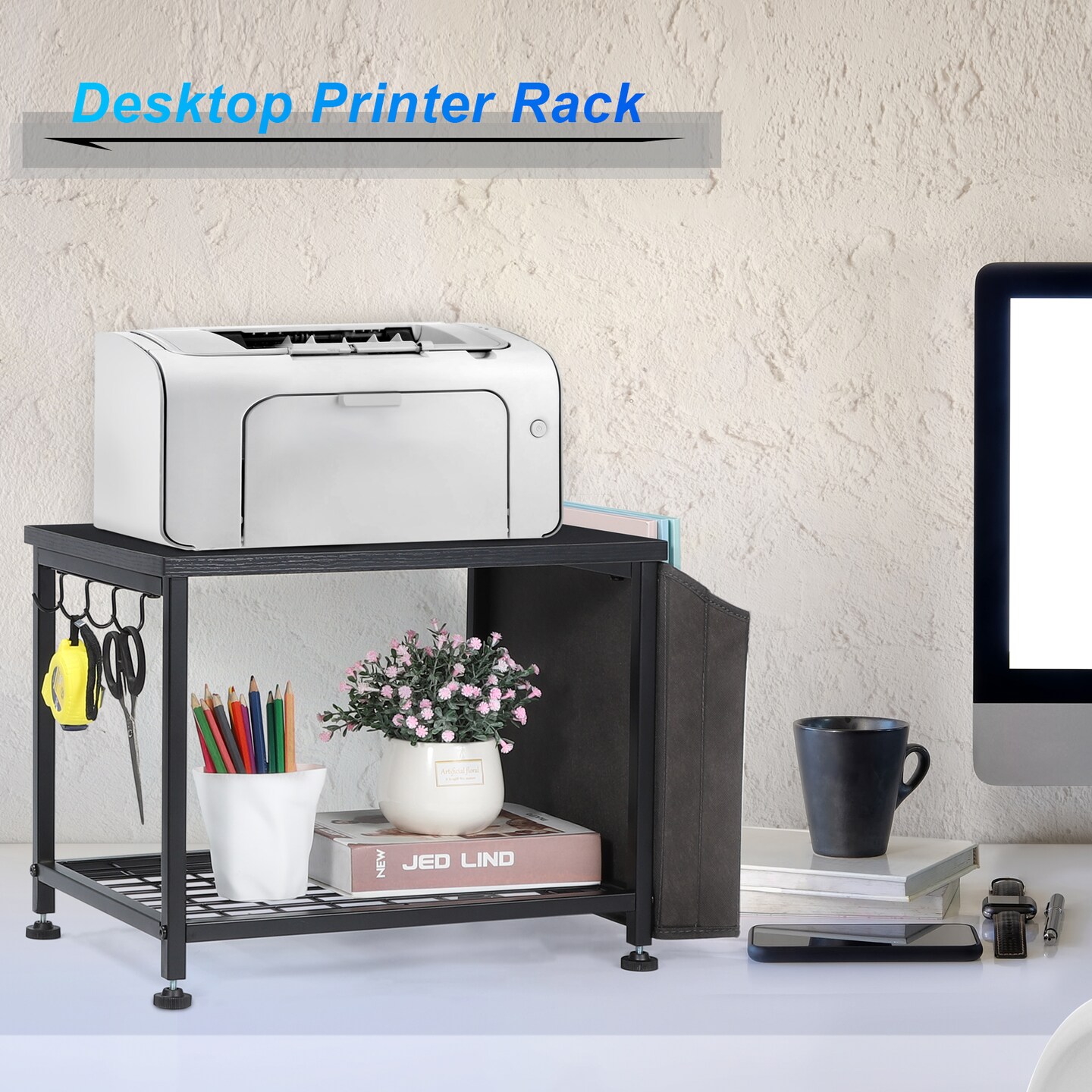 2-Tier Heavy-Duty Printer Stand with Storage Bag &#x26; Wheels &#x2013; Under Desk/Desktop Organizer for Fax, Scanner, Books (100LB Capacity, Steel &#x26; Wood)