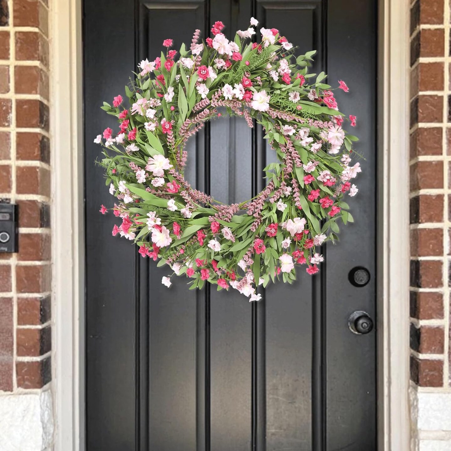 26&#x22; Spring Wreaths for Front Door Artificial Floral Wreath with Wildflowers Decorations for Indoor Outdoor Window Wall Farmhouse Porch Home Decor Cherry Blossom Pink