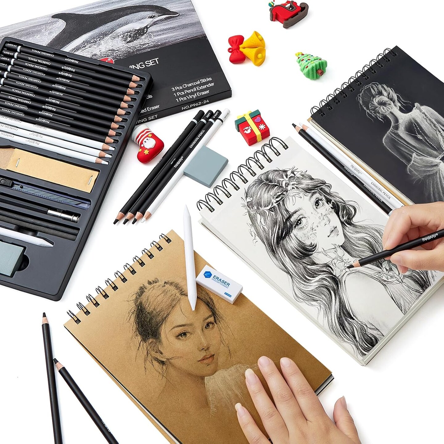 Charcoal Pencils Drawing Set, 24 Piece Black &#x26; White Charcoal Pencils for Drawing, Sketching, Shading, Blending, Artist Pencils for Kid, Beginners &#x26; Pro Artists
