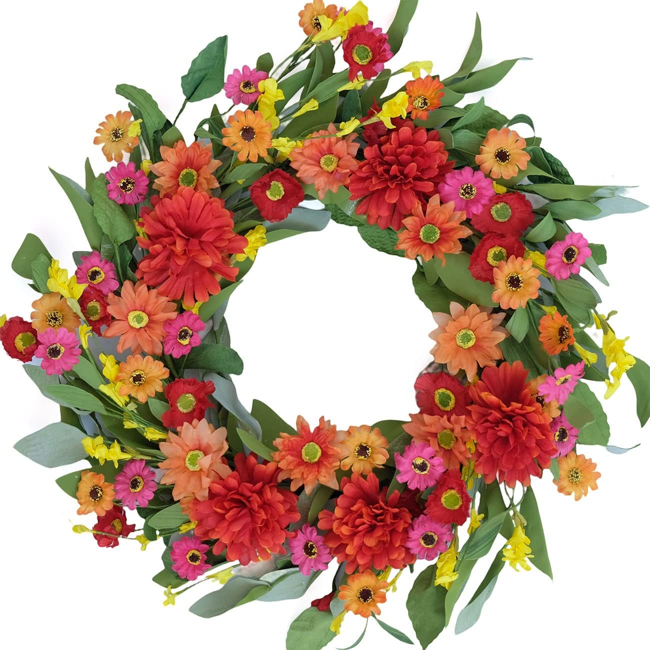 18 Inches Bright Summer Floral Wreath- Artificial Colorful Daisy and Green Leaves Wreath for Summer Indoor Decor