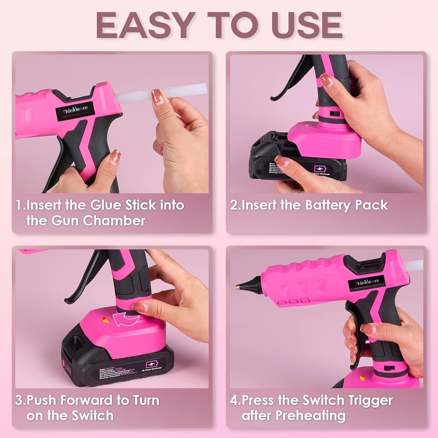 Hot Glue Gun, 20V Pink Cordless Glue Gun with 30 PCS Full Size Glue Sticks, 2Ah Rechargeable Battery Glue Gun Kit for DIY, Arts &#x26; Craft, Decorations, Gift for Women