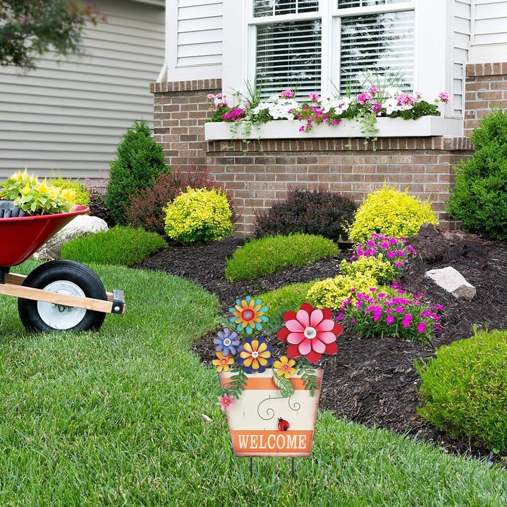 Spring Garden Decoration for Outside, Metal Flower Pot Decorative Garden Stakes with Flowers for Spring Decor, Yard Art Welcome Sign for Outdoor Garden Lawn Backyard Porch Patio Decorations
