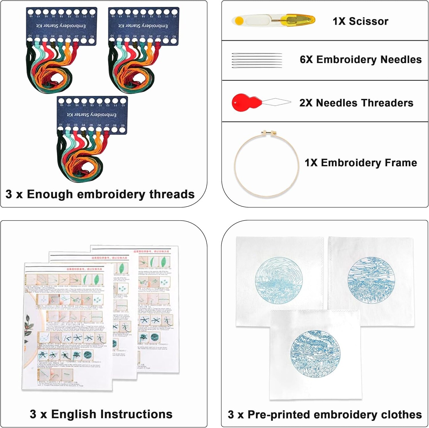 3 Pack Embroidery Starter Kit with Pattern, Stamped Cross Stitch Kits