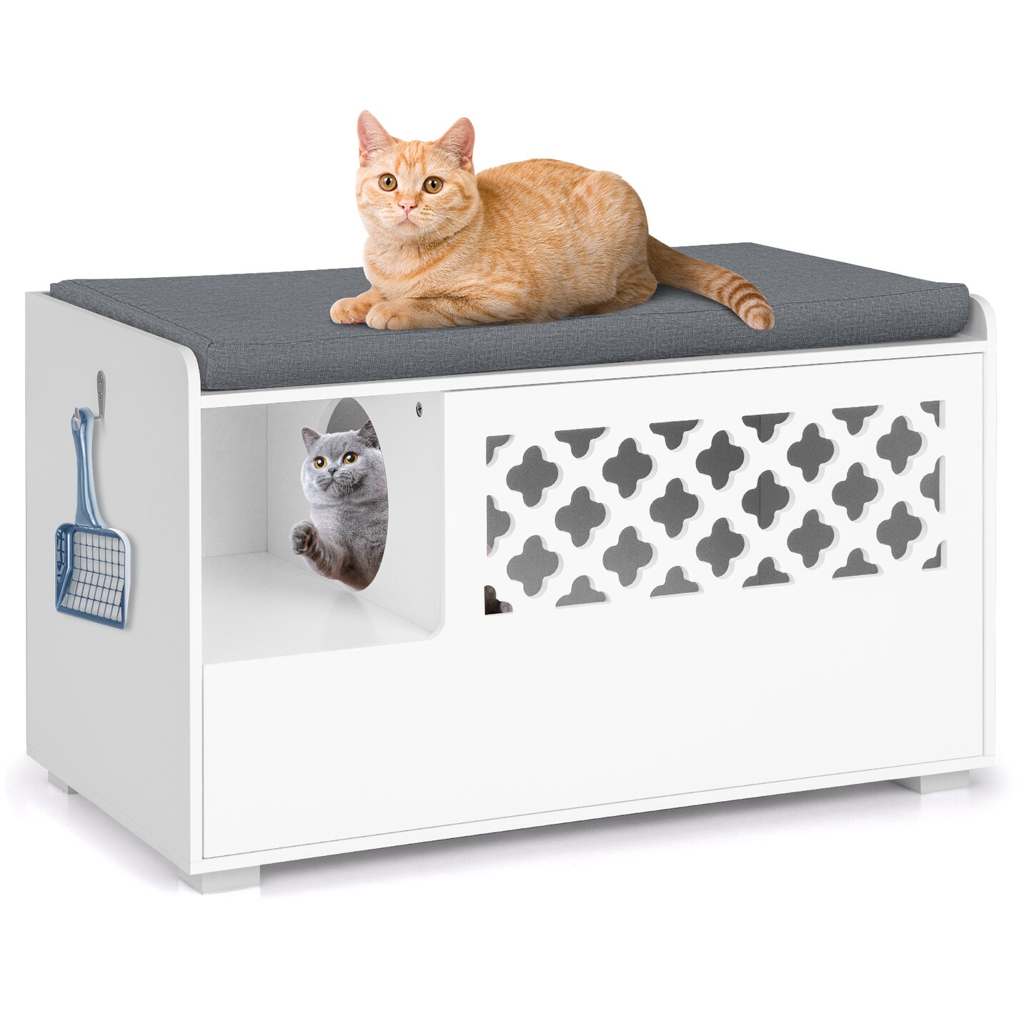 White 4-in-1 Cat Litter Box Enclosure with Removable Cushion and Front Flip Door