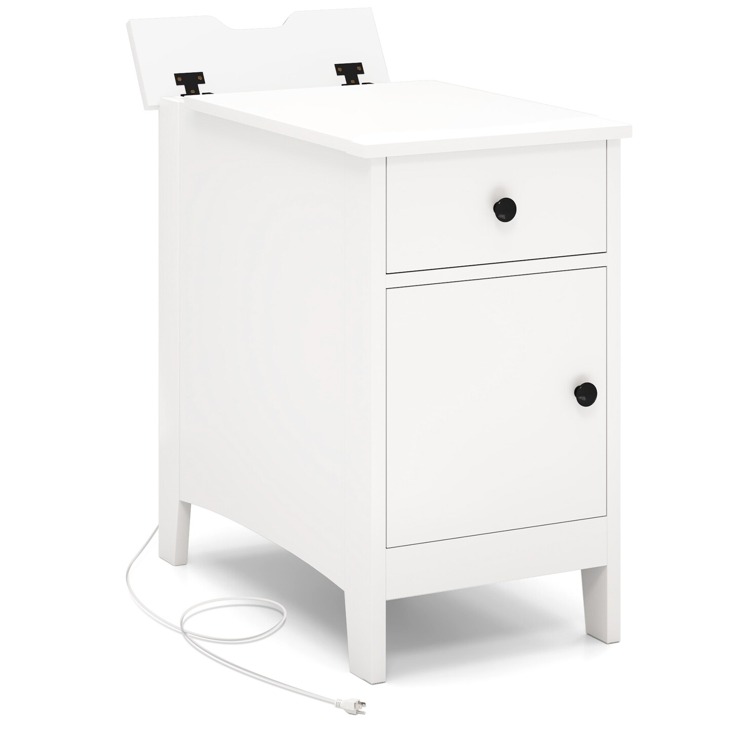 Flip Top Beside End Table with Charging Station Power Outlets and Pull-Out Drawer and Cabinet