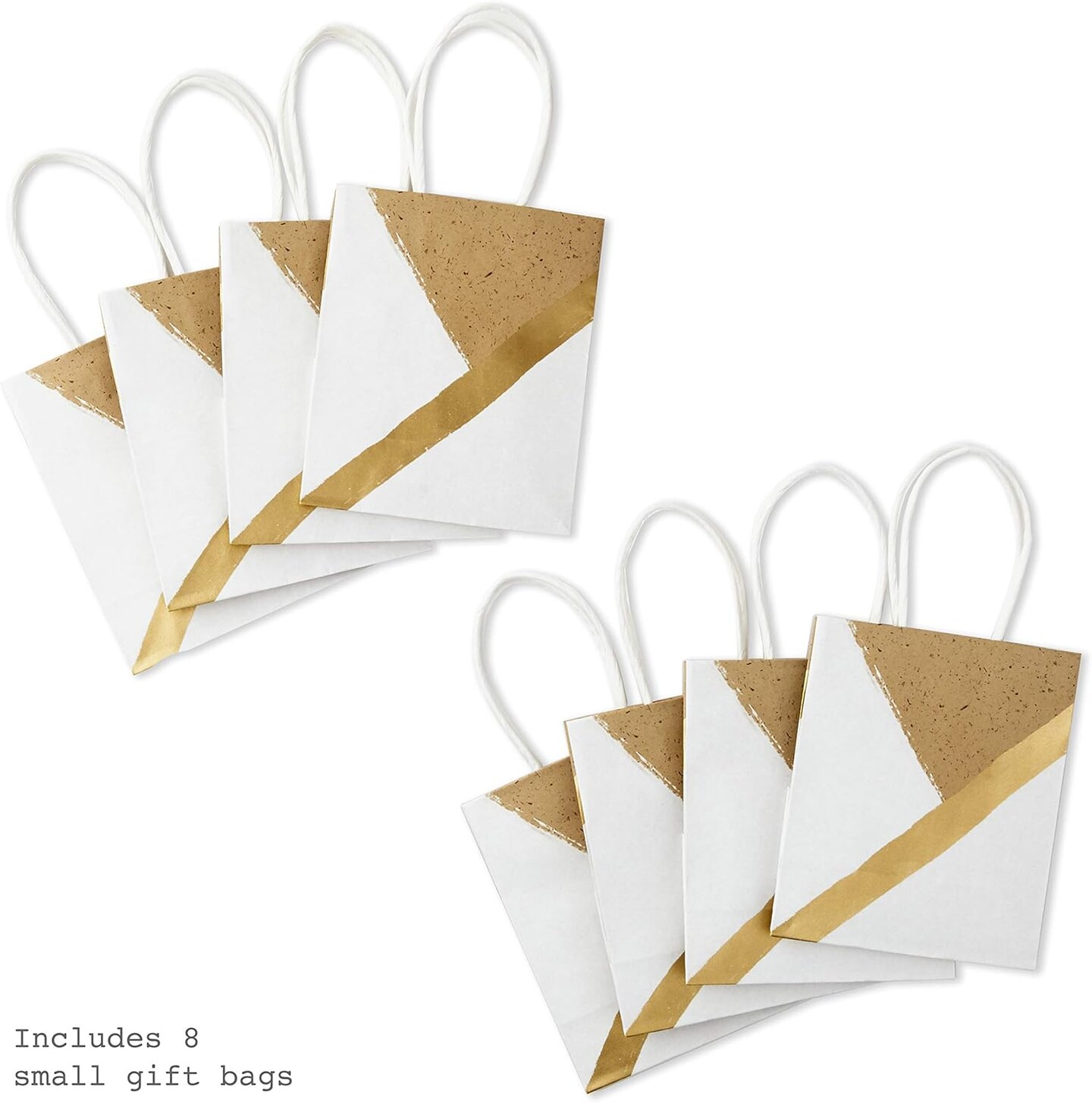 8-Pack 6" Small Paper Gift Bags – White & Kraft with Handles, Gold Foil Accent for Birthdays, Christmas, Weddings, Baby & Bridal Showers (White, Gold)
