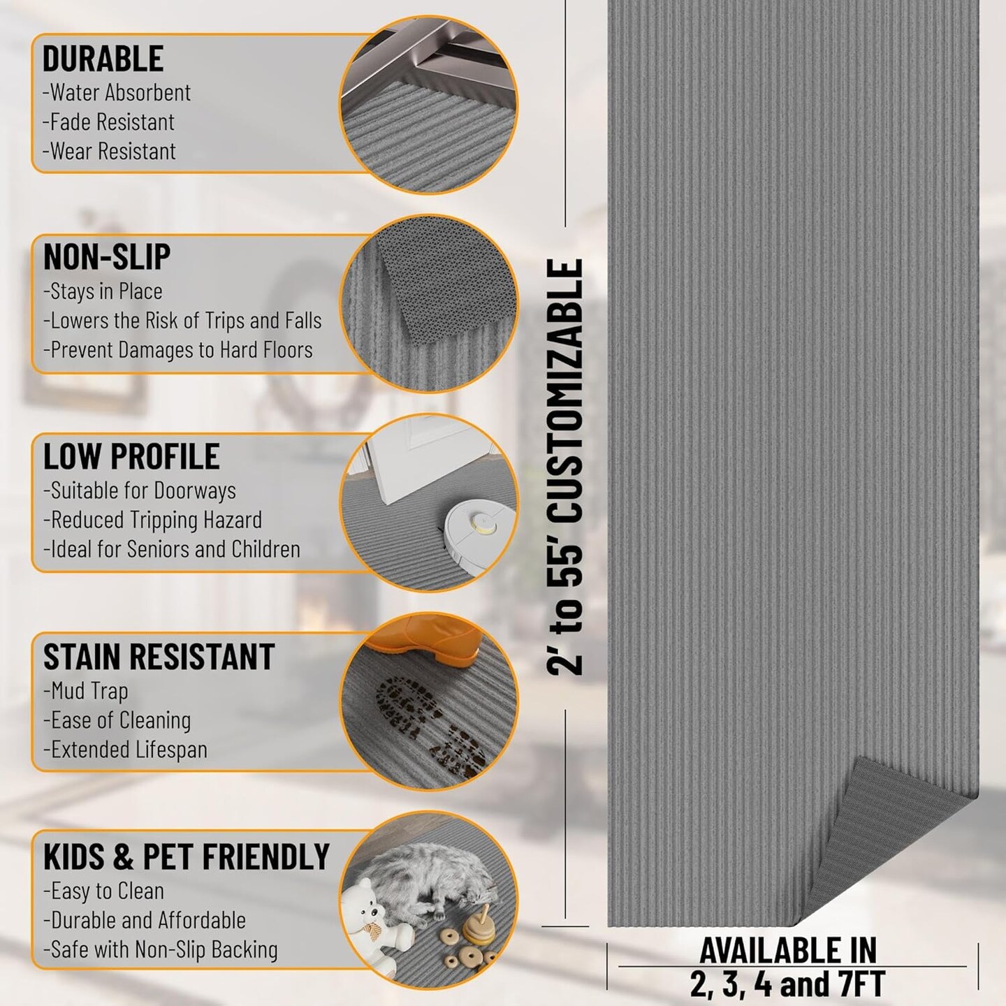 2&#x27;7&#x22; x 8&#x27; Commercial-Grade Hallway Runner with Scraper Pile Extra Durable Non-Slip Rug Mat for Indoor &#x26; Outdoor Use - Ideal for Kitchen, Entryway, Patio &#x26; Garage - High-Traffic Carpet, Gray