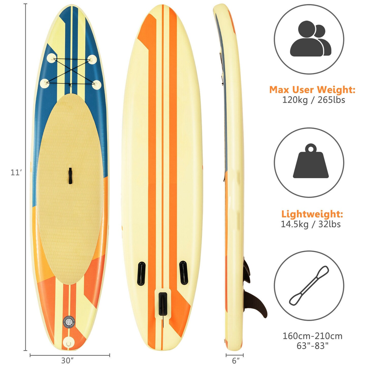 Yellow PVC Inflatable Paddle Board Adjustable Paddle Full Equipment Backpack