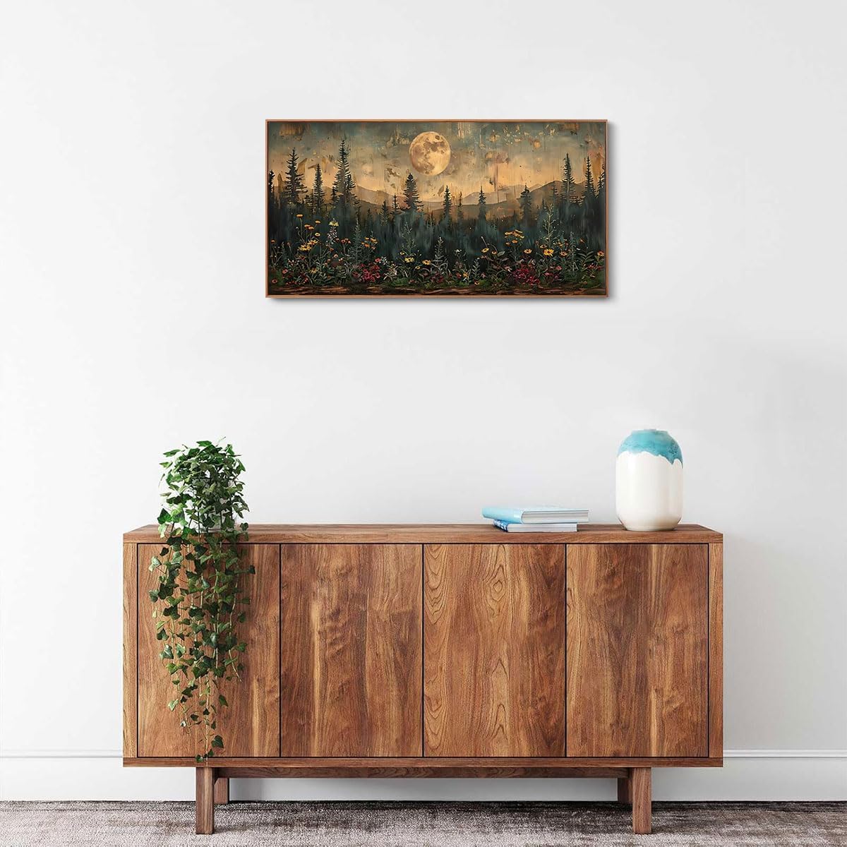 Moon Wall Art Vintage Wildflower Woodland Canvas Painting Print Framed Mountain Flowers Trees Picture Decor Dark Forest Landscape Rustic Farmhouse Living Room Bedroom Office 20&#x22;x40&#x22;