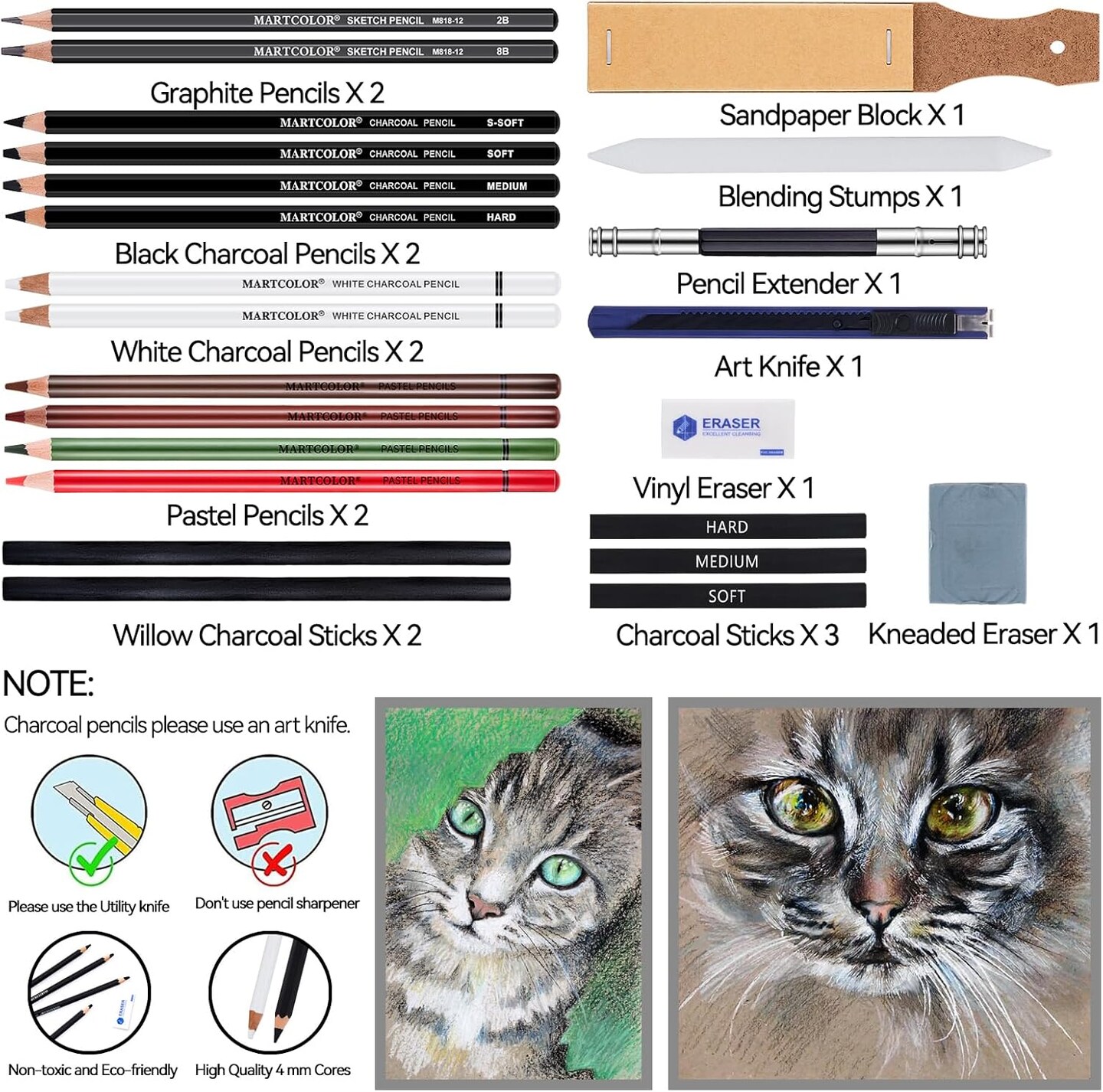 Charcoal Drawing Set, Set of 23, Graphite Pencils, Black &#x26; White Charcoal Pencils for Drawing, Sketching, Shading, Blending, Artist Pencils for Beginners &#x26; Pro Artists