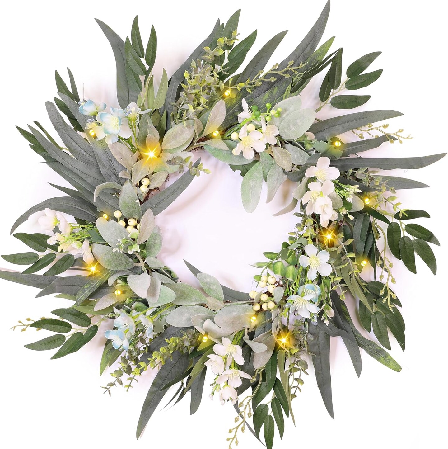 4 Inch Lambs Ear Spring Wreaths for Front Door Year Round Outside, Artificial Spring Summer Easter Floral Wreath with Timer Lights, Eucalyptus Berries &#x26; Orchids, Green Handmade Farmhouse Home Decor
