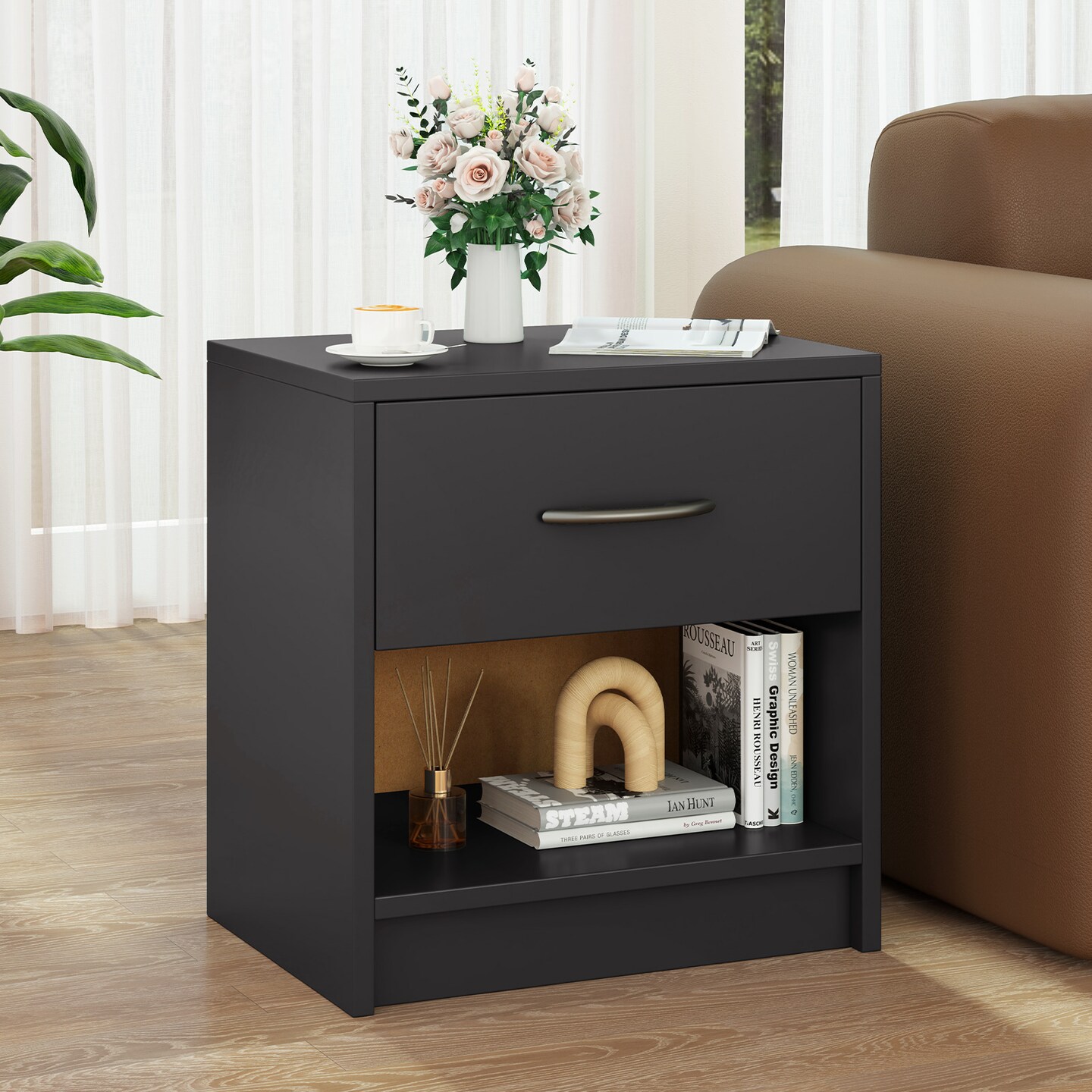 Nightstand with Drawer, Open Shelf, Modern Design and Sturdy Structure