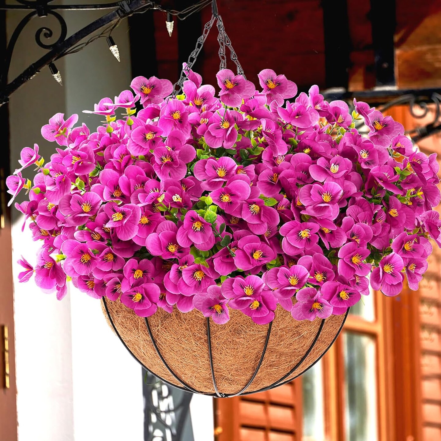 12&#x201C; Hanging Basket with Faux UV Resistant Silk Flowers, Realistic Fake Hanging Eucalyptus Plants