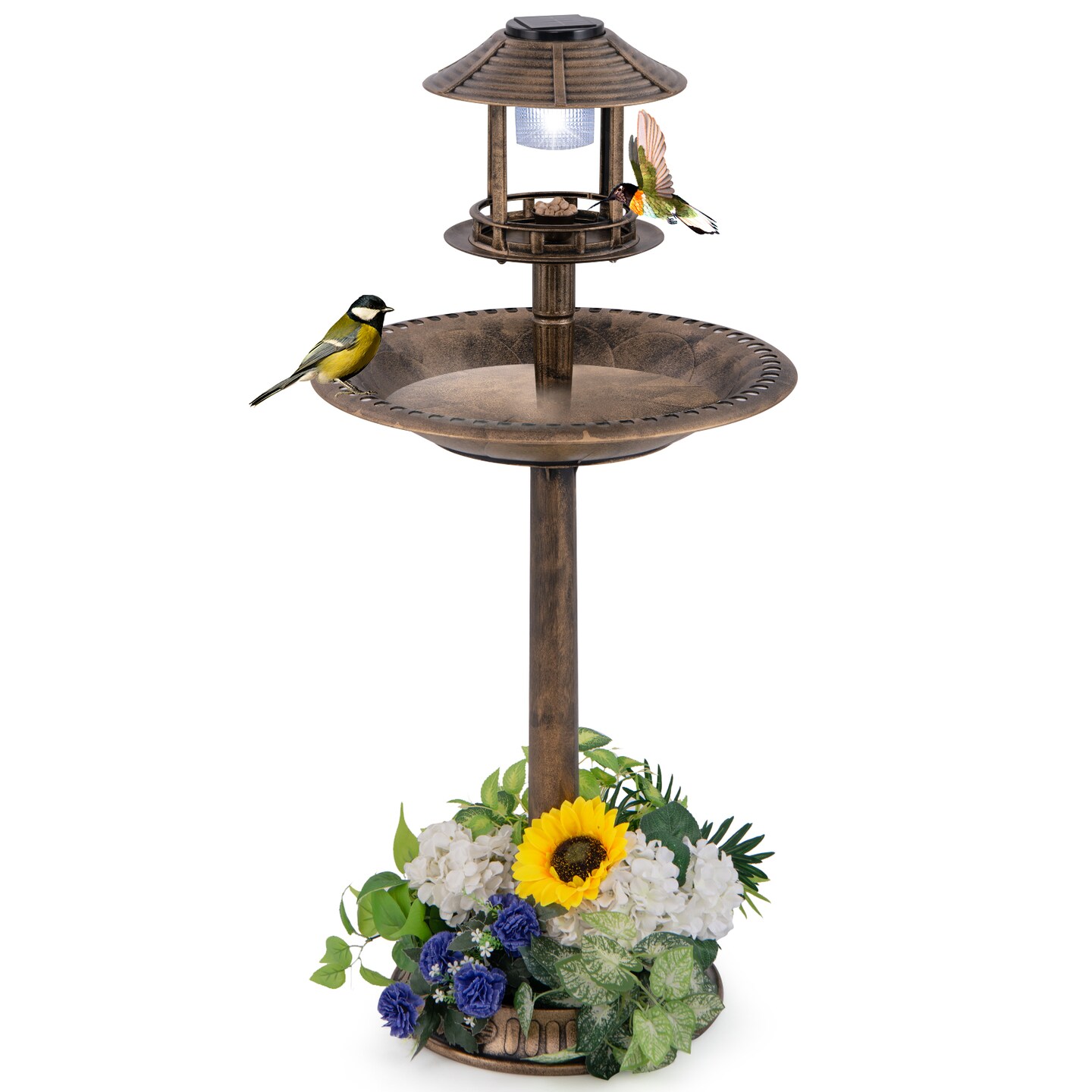 PP Solar Bird Bath Feeder Planter with LED Light and Vintage Design