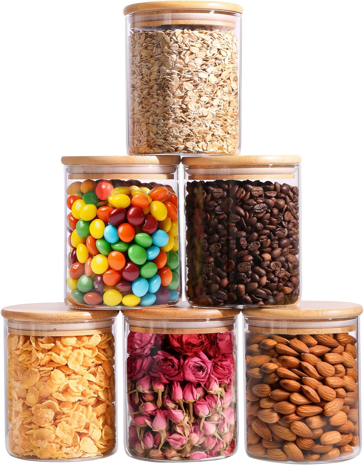 25oz Glass Food Storage Jars Set of 6, Clear Glass Storage Containers with Lids, Pantry Organization Jar, Spice Jar, Blooming Tea, Coffee and Sugar Container, Small Canister Set for Kitchen