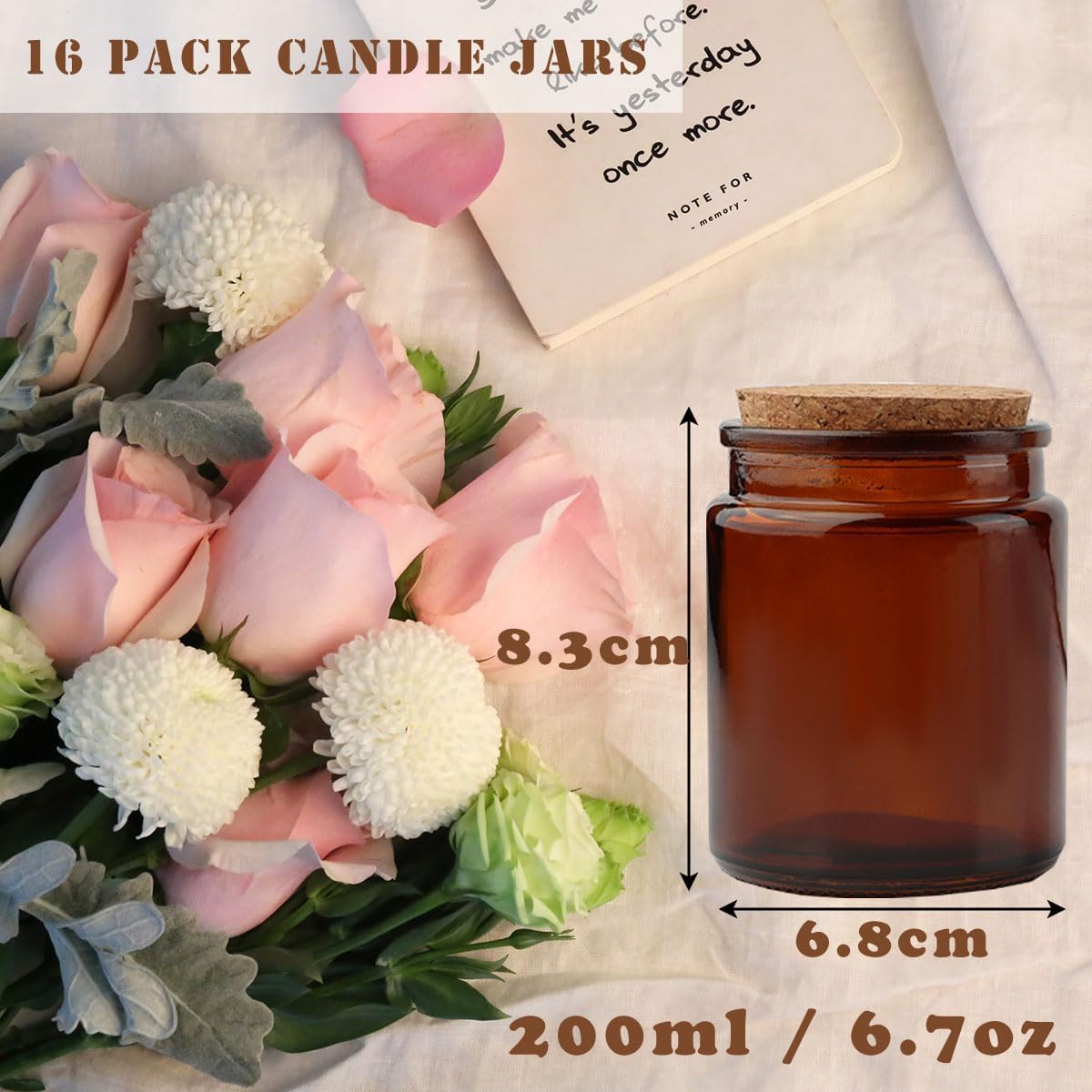 6 oz Glass Jars with Lids,Candle Making Kit,Candle Jars for Making Candles,Glass Bottles with Cork for Candle Making,Wedding,Baby Shower,Party Favors Decoration 16 Pack