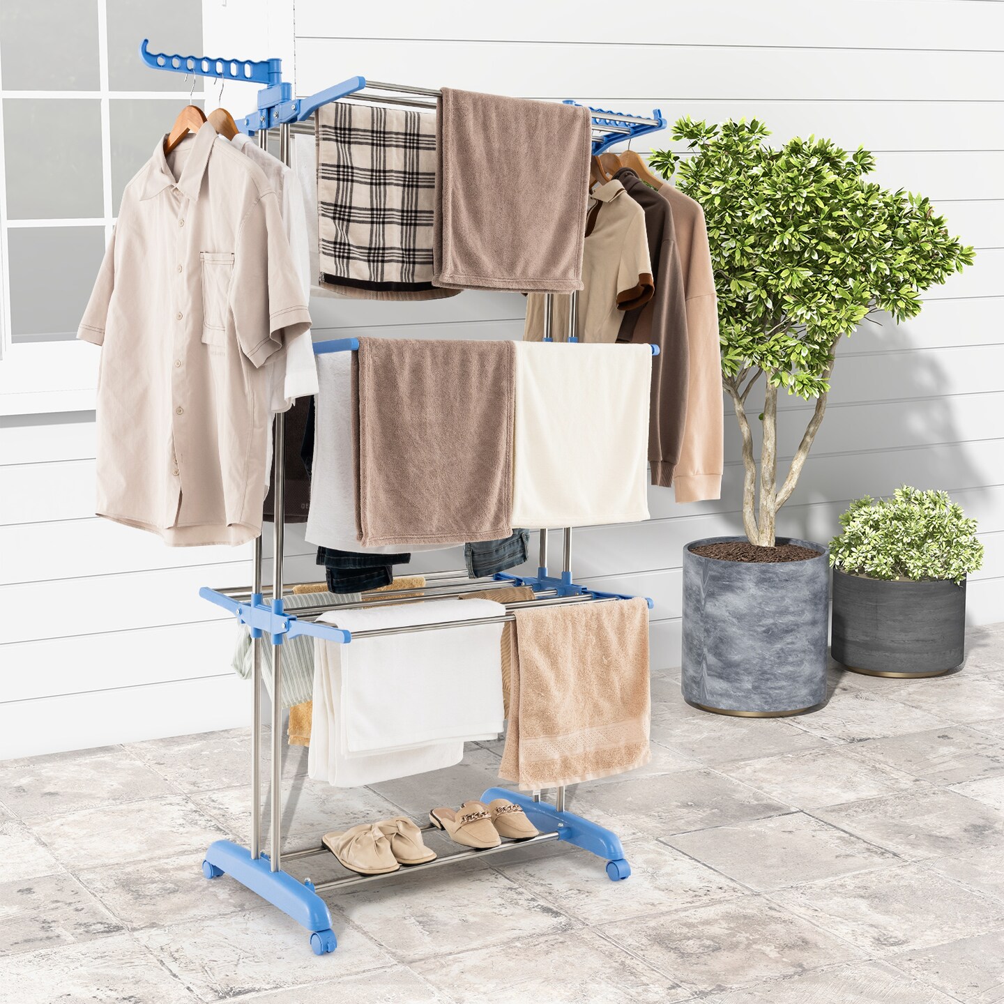 Blue 4-Tier Freestanding Folding Clothes Drying Rack with Rotatable Side Wings and 8 Hanging Rods