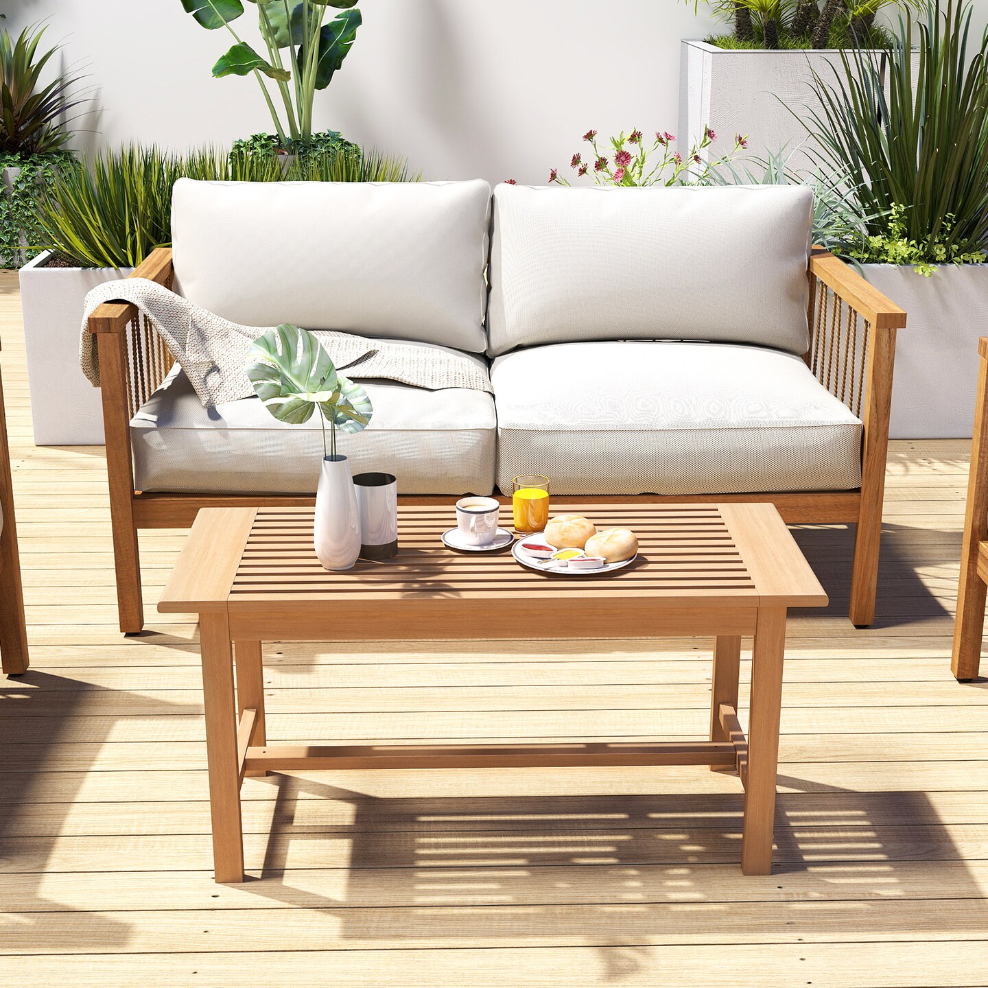 Natural Teak Wood Coffee Table with Slatted Top, Cross Structure and Outdoor Use