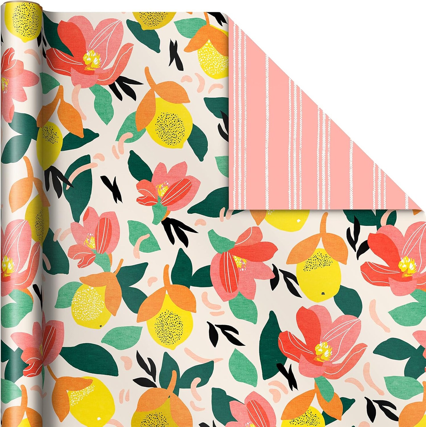 Reversible Spring Wrapping Paper (3 Rolls: 75 Sq. Ft. Ttl) Floral, Lemons, Bright Abstract for Easter, Birthdays, Mother's Day, Bridal Showers, Baby Showers