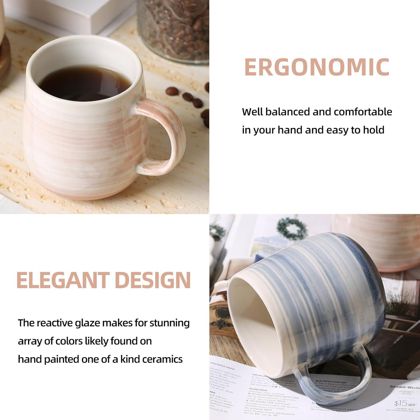 Coffee Mugs Set of 4, 12 oz Mugs Set, Ceramic Coffee Cups with Large Handles