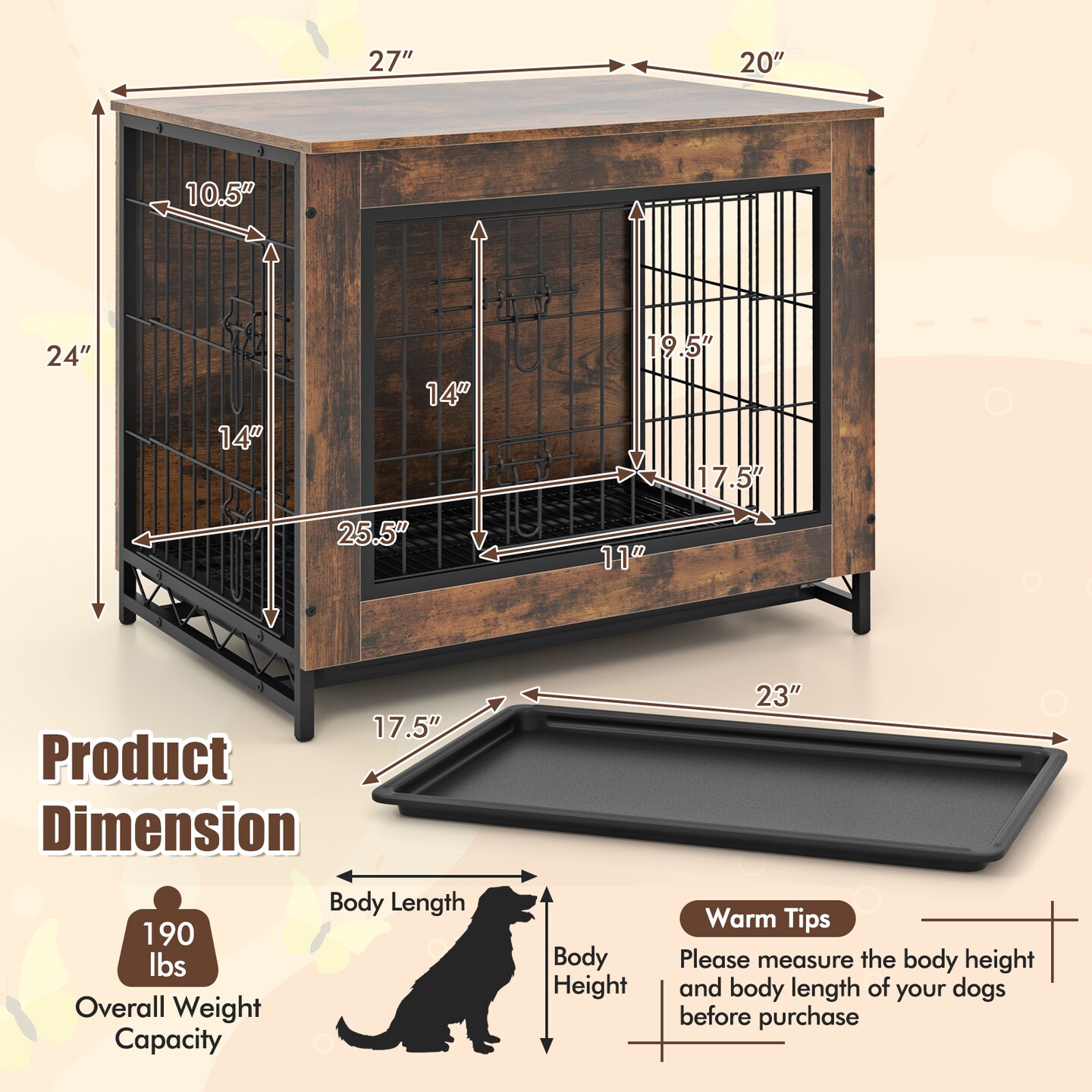 Rustic Brown MDF Metal Dog Crate Furniture with Dual Lockable Doors and Pull-Out Tray