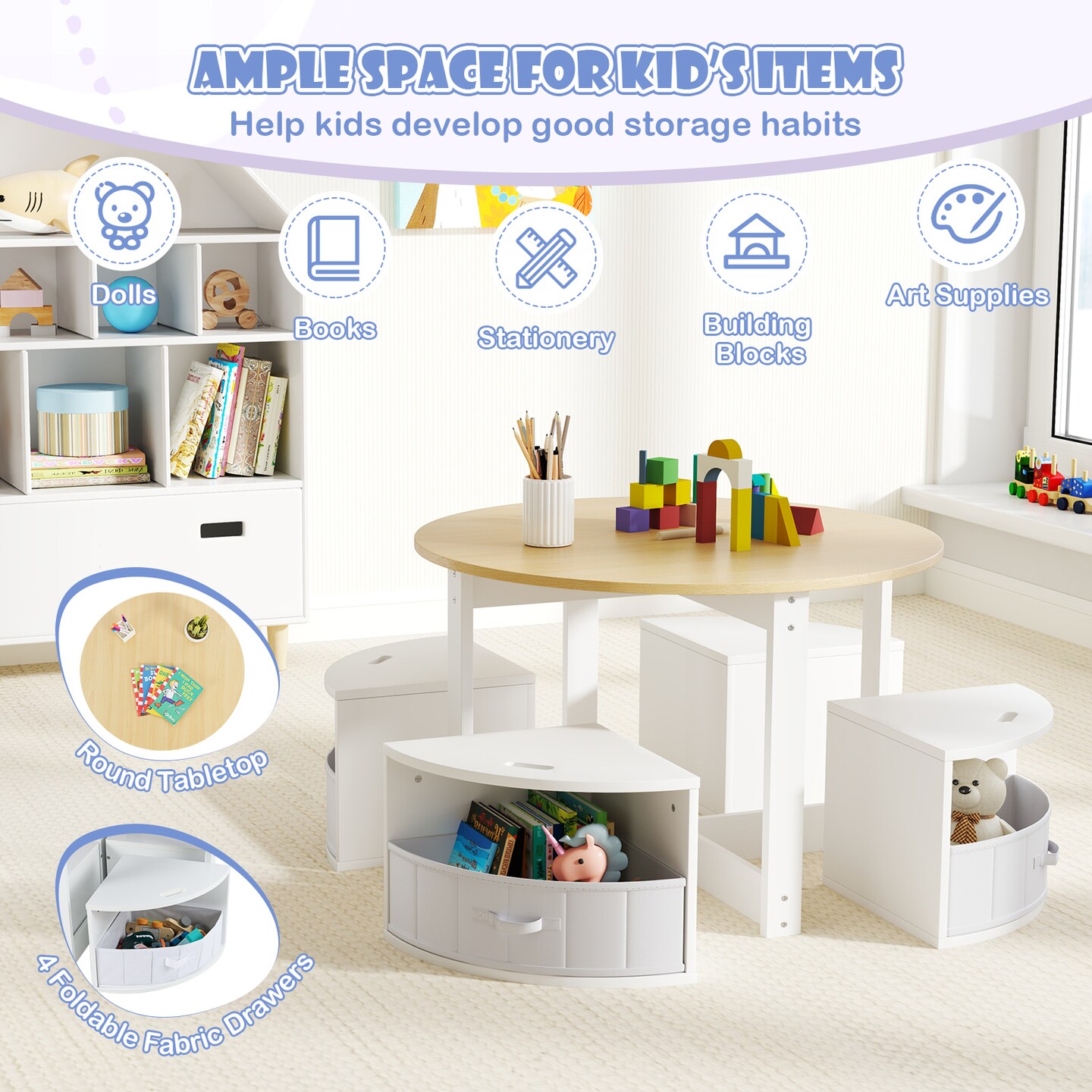 Kids Table Set with 4 Stools, MDF Nesting Design and Storage Bins