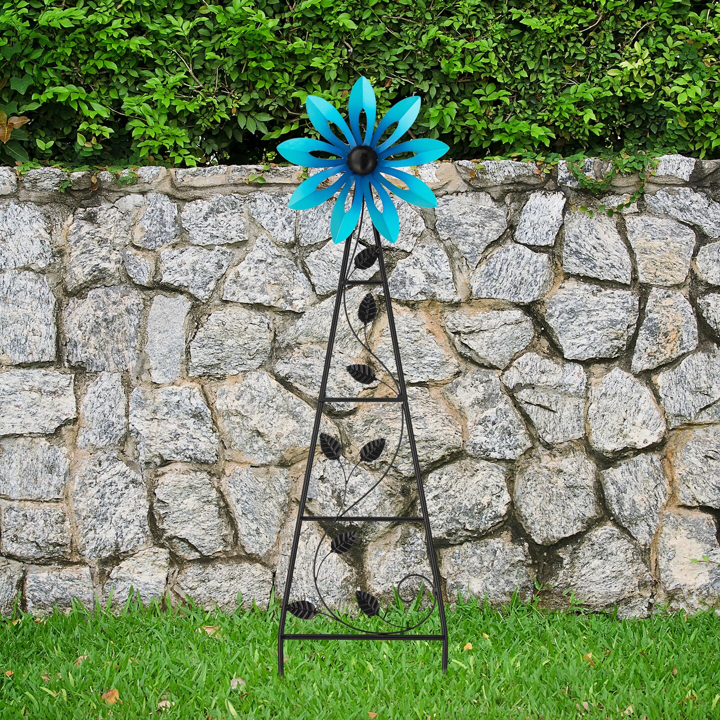 Set of 2 44&#x22;H Metal Yellow &#x26; Blue Flower Wind Spinner Yardstakes