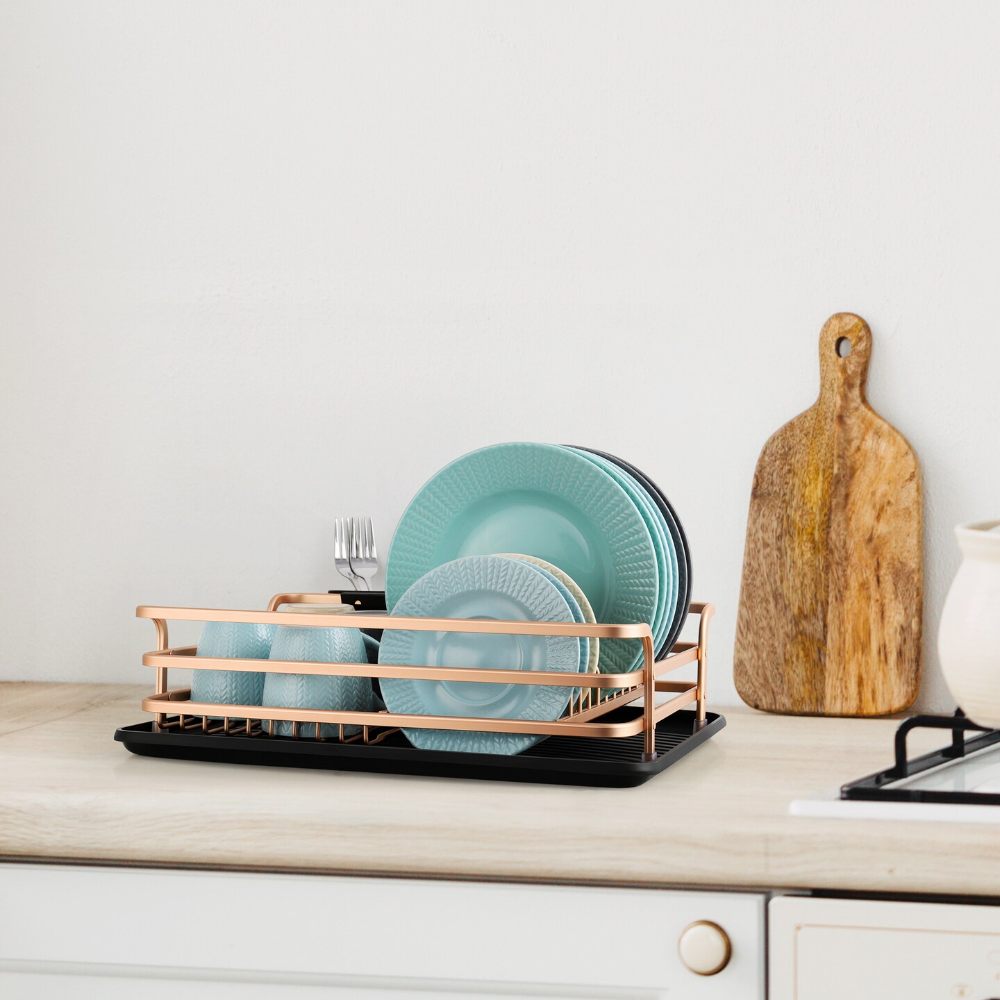 Smart Space-Saving Steel Dish Drying Rack with Removable Cutlery Holder & Drainer Tray – Anti-Slip Base – Compact for Apartments (16.92”L x 12.4”W)