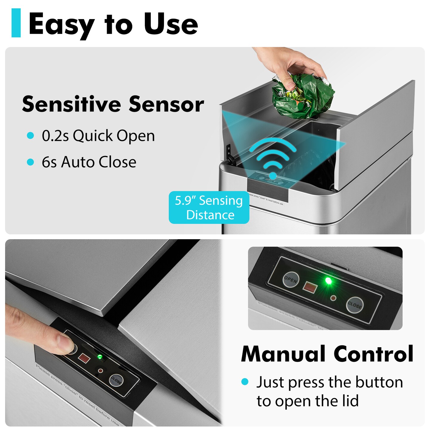 13.2 Gallon Slim Stainless Steel Motion Sensor Trash Can with Wing Lids Perfect for Kitchens or Offices