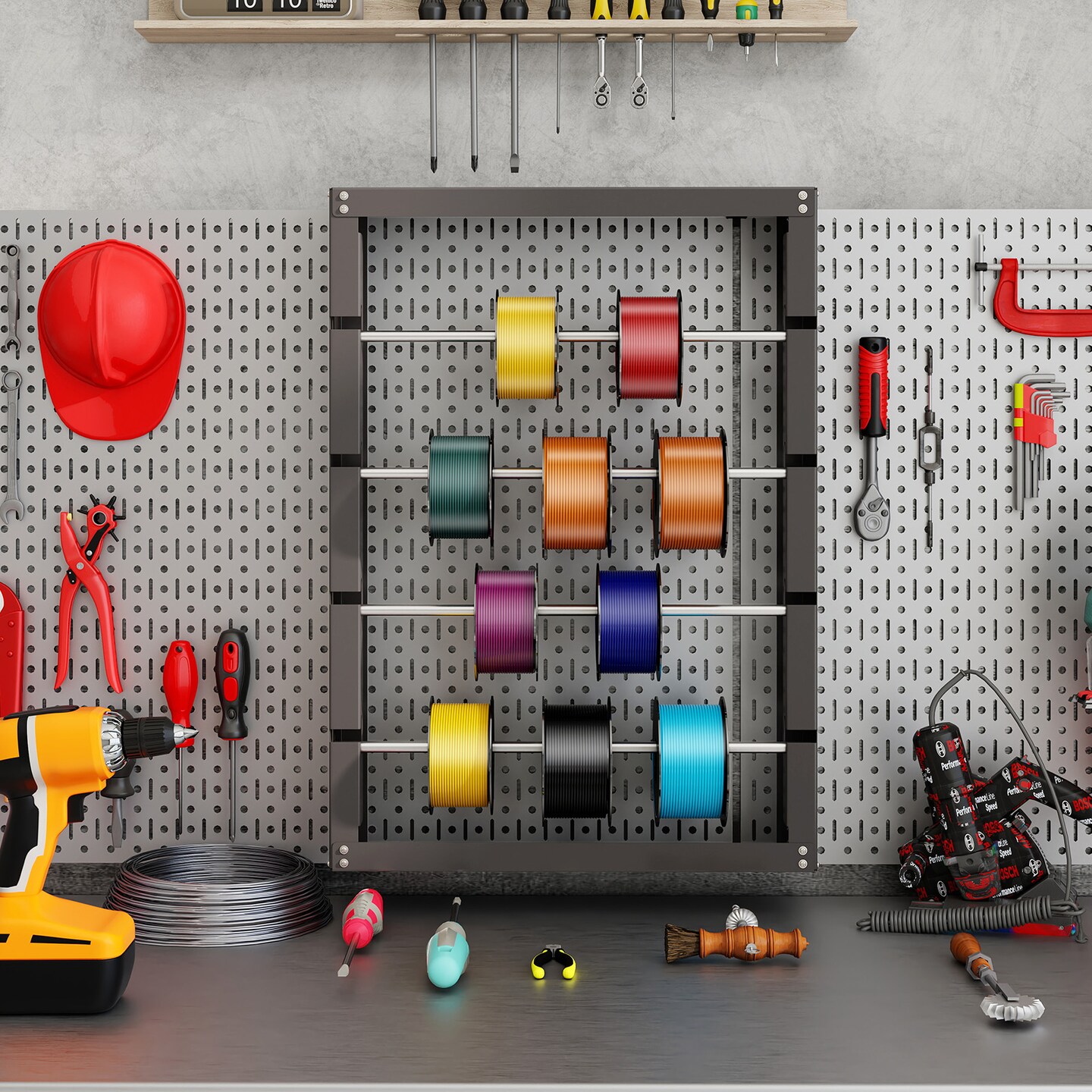 Grey Wall Mounted Wire Spool Rack with 4 Galvanized Metal Rods