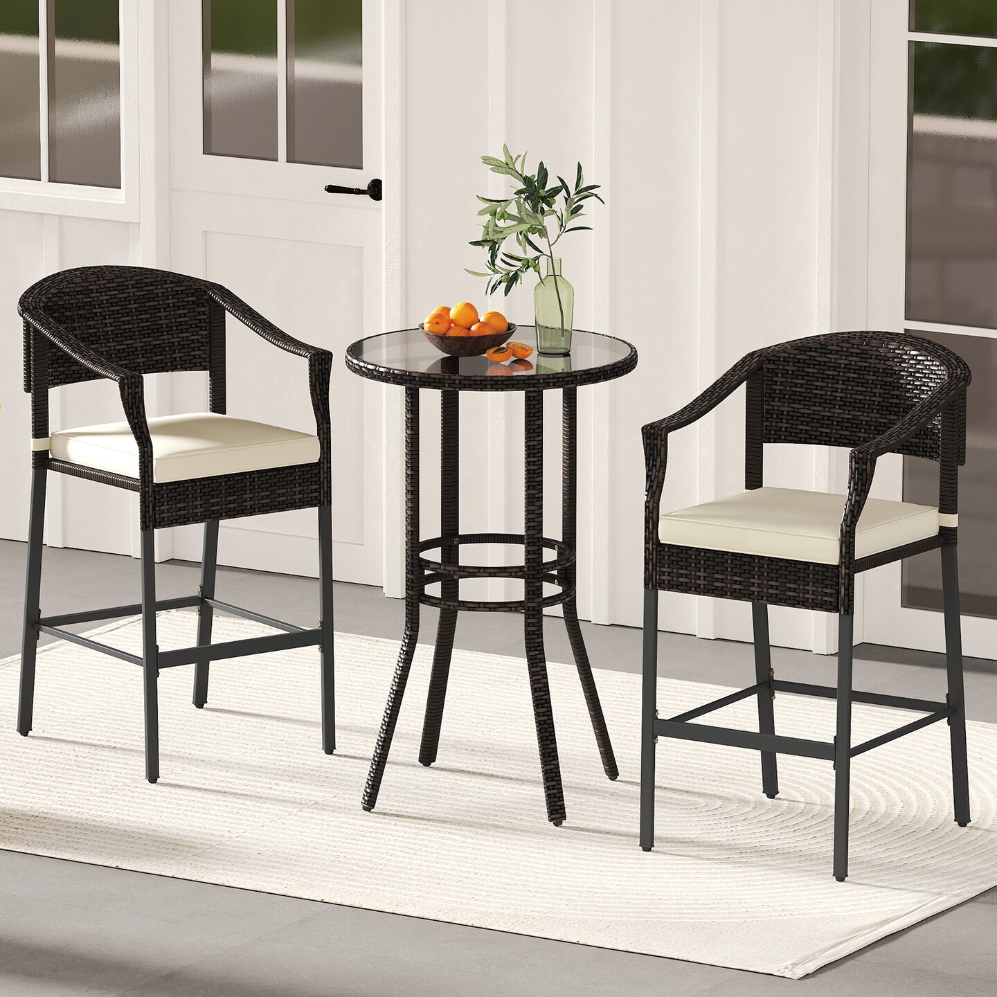 3-Piece Patio Rattan Bar Set with Round Glass Table-Top and 2 Armchairs
