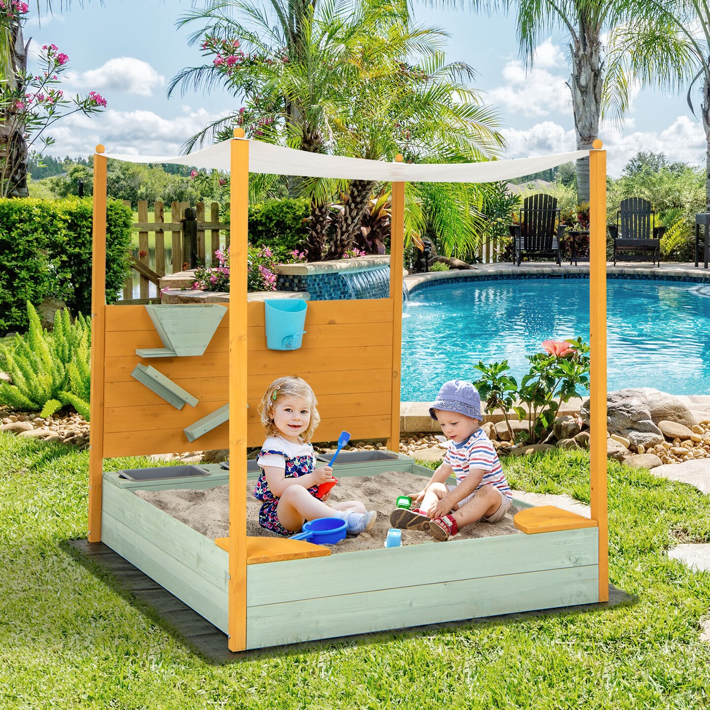 Wooden Sandbox with Sand Wall &#x26; Canopy for Kids 47x42
