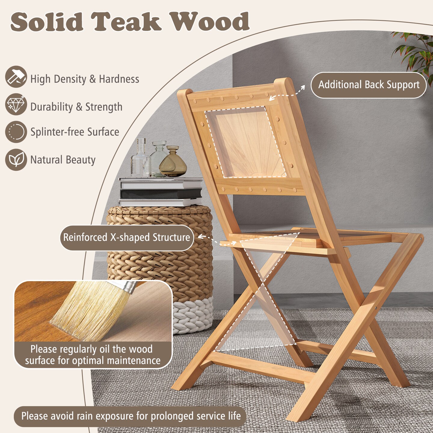 Set of 2 Teak Wood Patio Foldable Dining Chairs with Slatted Surface Perfect for Outdoor Use