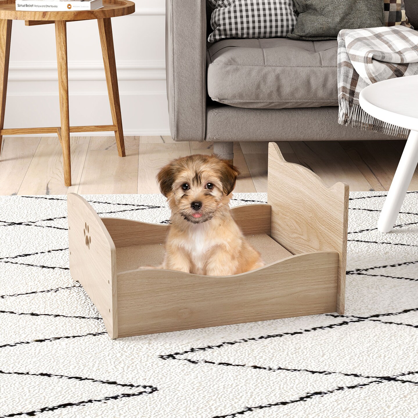 Natural Elevated Pet Bed Frame with Rails and Cute Headboards Ideal for Indoor Small Pets